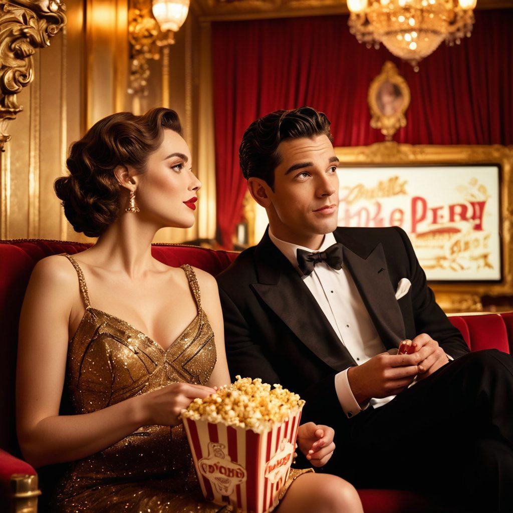 A sultry vintage cinema scene featuring an elegant and glamorous couple sharing popcorn in the front row, surrounded by soft golden lighting and ornate decor. Incorporate film reels and a large screen displaying classic sensual film posters in the background, evoking nostalgia and allure. Warm color palette with rich reds, golds, and deep blacks. cinematic art style. vibrant colors.