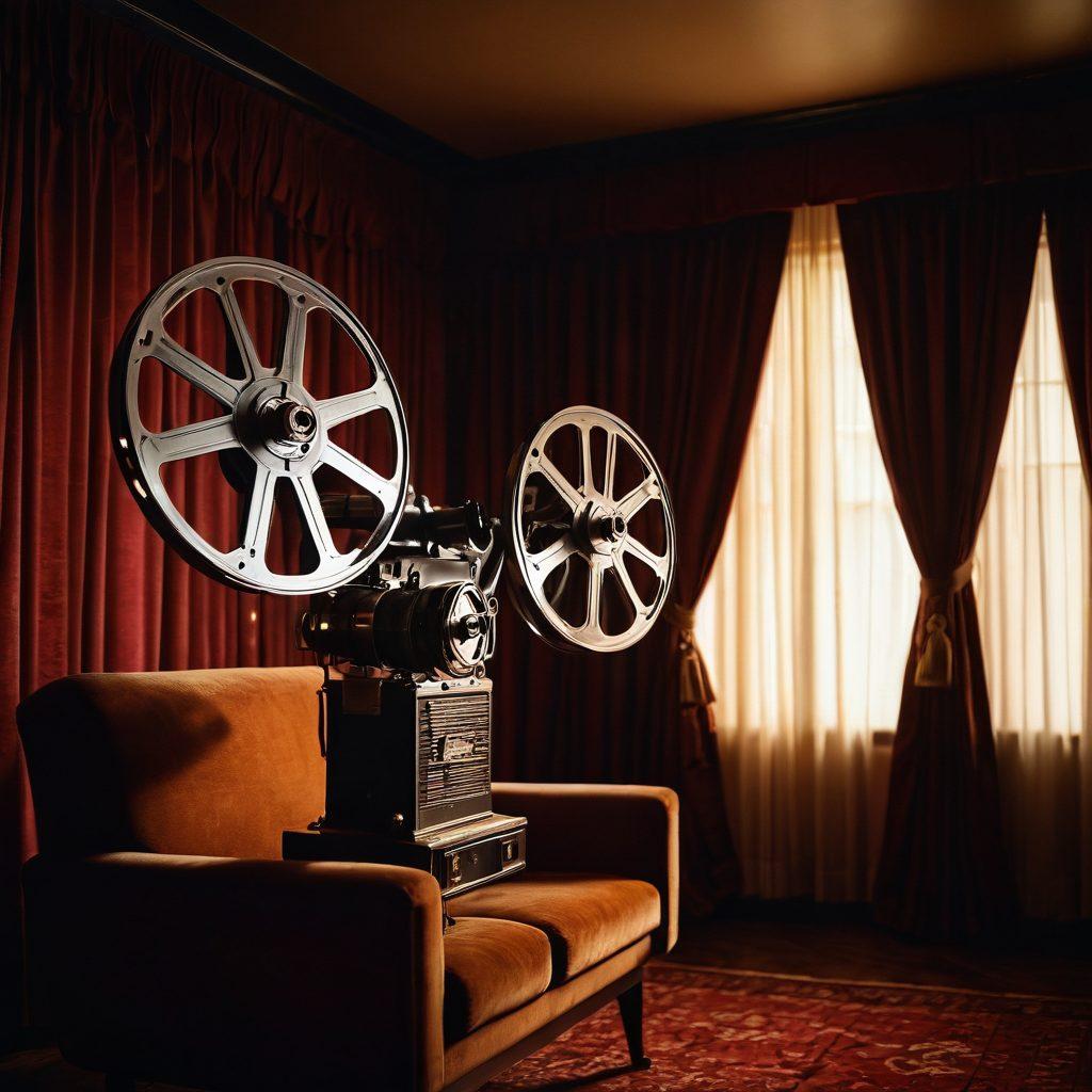 A sultry cinema ambiance with a vintage movie projector casting light onto a classic film reel, surrounded by soft velvet curtains and plush seating, evocative silhouettes of couples in tasteful embrace, and iconic film posters hinting at eroticism. The atmosphere should feel intimate and alluring. warm tones. cinematic. soft focus.
